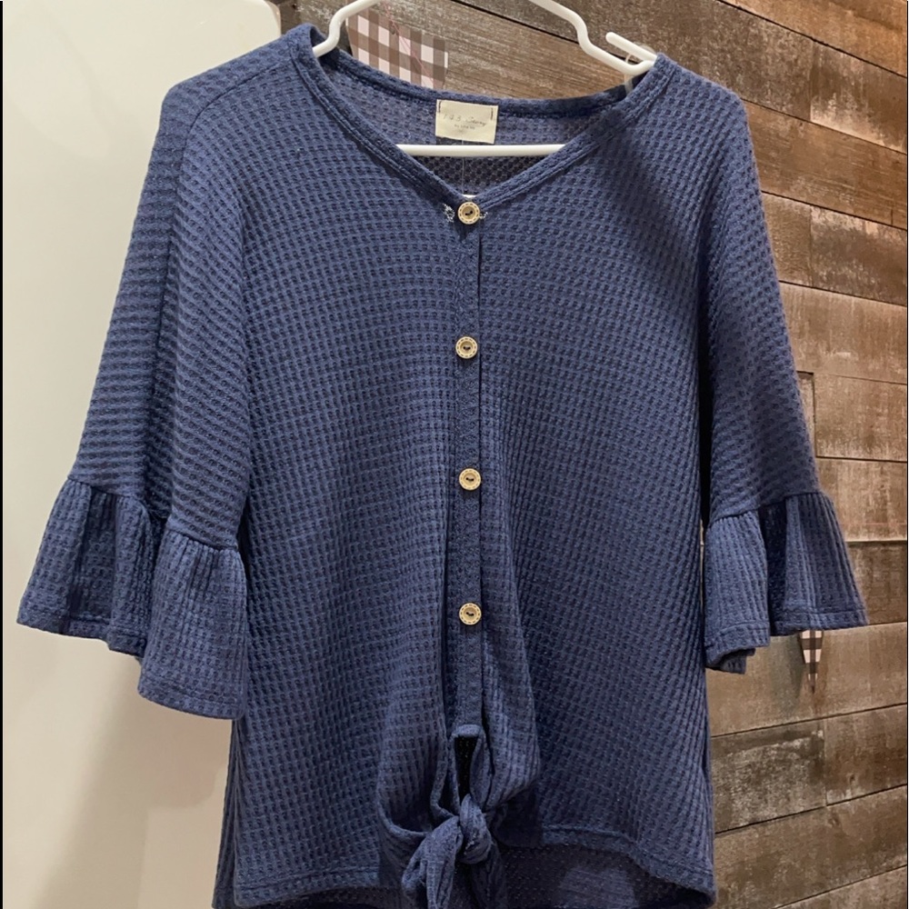 Navy Button Up Frilled Sleeved Top